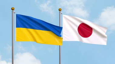 Gökyüzünde Ukrayna ve Japonya bayrakları sallıyordu. Uluslararası Diplomasi, Dostluk ve Gökyüzüne Karşı Yükselen Bayraklarla Ortaklık. 3B illüstrasyon
