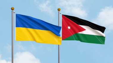 Gökyüzünde Ukrayna ve Ürdün bayrakları sallıyordu. Uluslararası Diplomasi, Dostluk ve Gökyüzüne Karşı Yükselen Bayraklarla Ortaklık. 3B illüstrasyon