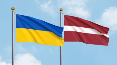 Gökyüzünde Ukrayna ve Letonya bayrakları sallıyordu. Uluslararası Diplomasi, Dostluk ve Gökyüzüne Karşı Yükselen Bayraklarla Ortaklık. 3B illüstrasyon