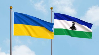 Gökyüzü arka planında Ukrayna ve Lesotho bayrakları sallıyordu. Uluslararası Diplomasi, Dostluk ve Gökyüzüne Karşı Yükselen Bayraklarla Ortaklık. 3B illüstrasyon