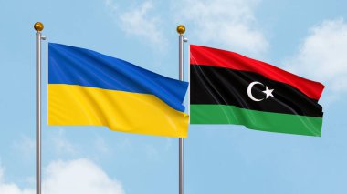 Gökyüzünde Ukrayna ve Libya bayrakları sallıyordu. Uluslararası Diplomasi, Dostluk ve Gökyüzüne Karşı Yükselen Bayraklarla Ortaklık. 3B illüstrasyon