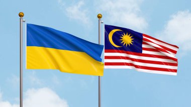 Gökyüzü arka planında Ukrayna ve Malezya bayrakları sallıyordu. Uluslararası Diplomasi, Dostluk ve Gökyüzüne Karşı Yükselen Bayraklarla Ortaklık. 3B illüstrasyon
