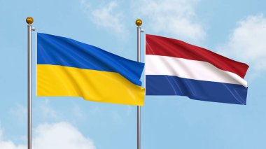 Gökyüzünde Ukrayna ve Hollanda bayrakları sallıyordu. Uluslararası Diplomasi, Dostluk ve Gökyüzüne Karşı Yükselen Bayraklarla Ortaklık. 3B illüstrasyon
