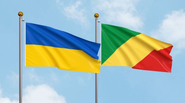 Gökyüzünde Ukrayna ve Kongo Cumhuriyeti bayrakları sallıyordu. Uluslararası Diplomasi, Dostluk ve Gökyüzüne Karşı Yükselen Bayraklarla Ortaklık. 3B illüstrasyon