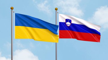 Gökyüzünde Ukrayna ve Slovenya bayrakları sallıyordu. Uluslararası Diplomasi, Dostluk ve Gökyüzüne Karşı Yükselen Bayraklarla Ortaklık. 3B illüstrasyon