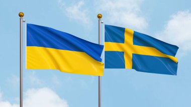 Gökyüzünde Ukrayna ve İsveç bayrakları sallıyordu. Uluslararası Diplomasi, Dostluk ve Gökyüzüne Karşı Yükselen Bayraklarla Ortaklık. 3B illüstrasyon