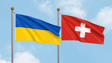 Gökyüzünde Ukrayna ve İsviçre bayrakları sallıyordu. Uluslararası Diplomasi, Dostluk ve Gökyüzüne Karşı Yükselen Bayraklarla Ortaklık. 3B illüstrasyon
