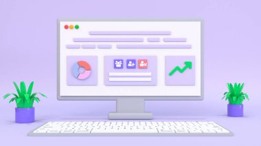 3d masaüstü, bilgisayar, simgeli bilgisayar ekranı. Pazarlama, web tasarımı, web geliştiricisi, analist kavramı. 3d resimleme