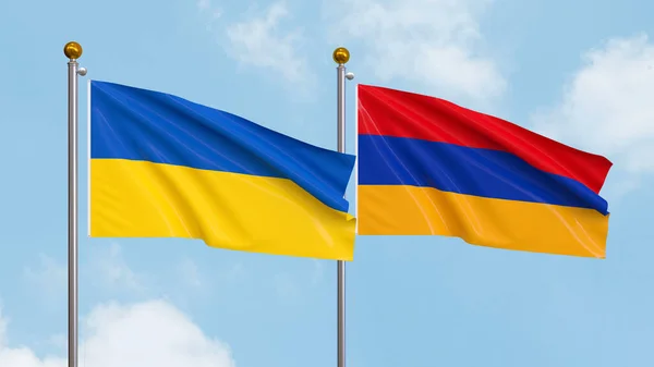 Mávání Vlajkami Ukrajiny Arménie Pozadí Oblohy Ilustrace Mezinárodní Diplomacie Přátelství — Stock fotografie