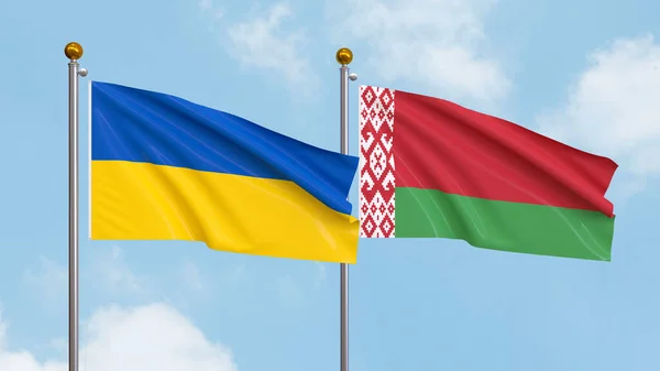 Ondeando Banderas Ucrania Bielorrusia Cielo Ilustrando Diplomacia Internacional Amistad Asociación — Foto de Stock