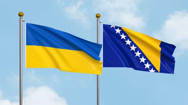 Stock image Waving flags of Ukraine and Bosnia and Herzegovina on sky background. Illustrating International Diplomacy, Friendship and Partnership with Soaring Flags against the Sky. 3D illustration