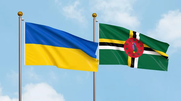 Integető Zászlók Ukrajna Dominika Hátterében Illusztrálja Nemzetközi Diplomácia Barátság Partnerség — Stock Fotó