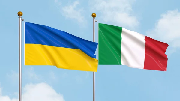 Vifta Flaggor Ukraina Och Italien Himlen Bakgrund Illustrerar Internationell Diplomati — Stockfoto