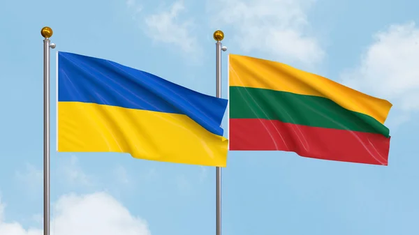 Ondeando Banderas Ucrania Lituania Fondo Del Cielo Ilustrando Diplomacia Internacional — Foto de Stock