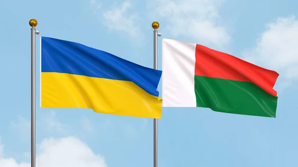 Ondeando Banderas Ucrania Madagascar Fondo Del Cielo Ilustrando Diplomacia Internacional — Foto de Stock