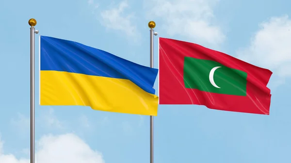 Ondeando Banderas Ucrania Maldivas Sobre Fondo Del Cielo Ilustrando Diplomacia — Foto de Stock