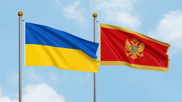 Ondeando Banderas Ucrania Montenegro Fondo Del Cielo Ilustrando Diplomacia Internacional — Foto de Stock