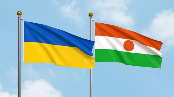 Ondeando Banderas Ucrania Níger Fondo Del Cielo Ilustrando Diplomacia Internacional — Foto de Stock