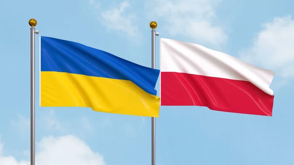 Waving flags of Ukraine and Poland on sky background. Illustrating International Diplomacy, Friendship and Partnership with Soaring Flags against the Sky. 3D illustration