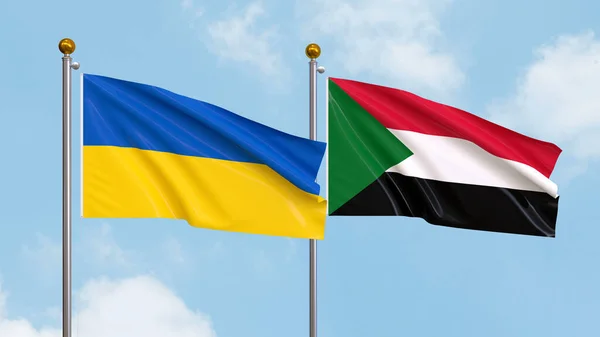 Ondeando Banderas Ucrania Sudán Fondo Del Cielo Ilustrando Diplomacia Internacional — Foto de Stock