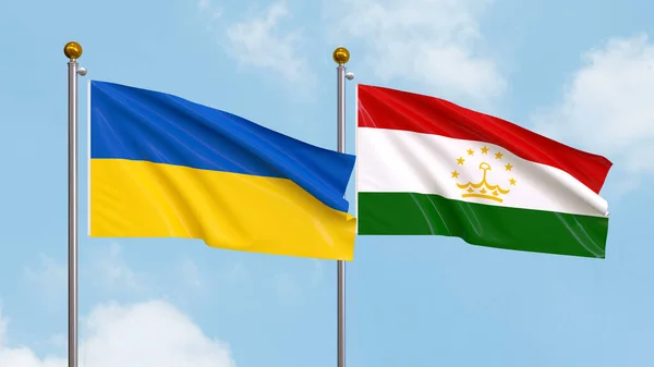 Ondeando Banderas Ucrania Tayikistán Sobre Fondo Del Cielo Ilustrando Diplomacia — Foto de Stock