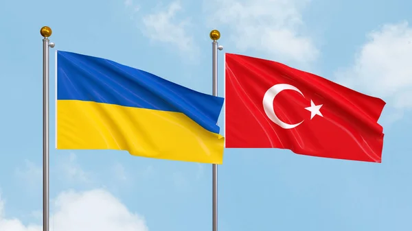 Ondeando Banderas Ucrania Turquía Fondo Del Cielo Ilustrando Diplomacia Internacional — Foto de Stock