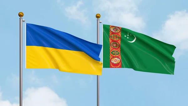 Ondeando Banderas Ucrania Turkmenistán Sobre Fondo Del Cielo Ilustrando Diplomacia — Foto de Stock