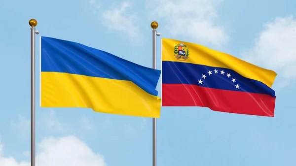 Waving Flags Ukraine Venezuela Sky Background Illustrating International Diplomacy Friendship — Stock Photo, Image