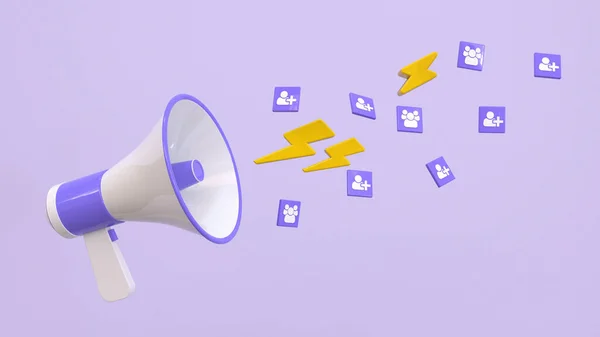 Megaphone loudspeaker with icons on purple background. Marketing time concept, realistic 3d megaphone, loudspeaker with lightning. 3D render illustration