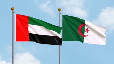 Gökyüzü arka planında Birleşik Arap Emirlikleri ve Cezayir bayrakları sallıyordu. Uluslararası Diplomasi, Dostluk ve Gökyüzüne Karşı Yükselen Bayraklarla Ortaklık. 3B illüstrasyon