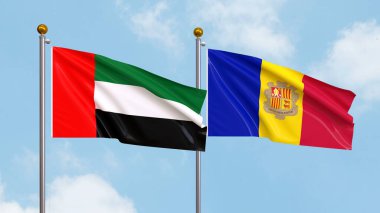 Gökyüzünde Birleşik Arap Emirlikleri ve Andorra bayrakları sallıyordu. Uluslararası Diplomasi, Dostluk ve Gökyüzüne Karşı Yükselen Bayraklarla Ortaklık. 3B illüstrasyon