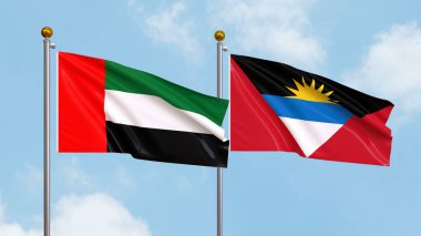 Gökyüzünde Birleşik Arap Emirlikleri, Antigua ve Barbuda bayrakları sallıyordu. Uluslararası Diplomasi, Dostluk ve Gökyüzüne Karşı Yükselen Bayraklarla Ortaklık. 3B illüstrasyon