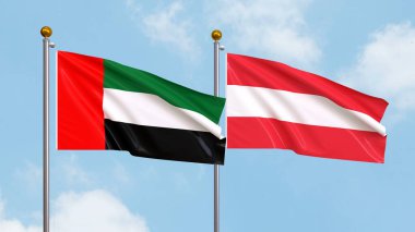 Gökyüzünde Birleşik Arap Emirlikleri ve Avusturya bayrakları sallıyordu. Uluslararası Diplomasi, Dostluk ve Gökyüzüne Karşı Yükselen Bayraklarla Ortaklık. 3B illüstrasyon