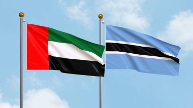 Gökyüzünde Birleşik Arap Emirlikleri ve Botswana bayrakları sallıyordu. Uluslararası Diplomasi, Dostluk ve Gökyüzüne Karşı Yükselen Bayraklarla Ortaklık. 3B illüstrasyon