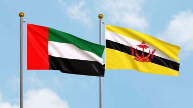 Gökyüzünde Birleşik Arap Emirlikleri ve Brunei bayrakları sallıyordu. Uluslararası Diplomasi, Dostluk ve Gökyüzüne Karşı Yükselen Bayraklarla Ortaklık. 3B illüstrasyon