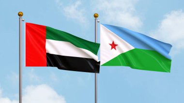 Gökyüzü arka planında Birleşik Arap Emirlikleri ve Cibuti bayrakları sallıyordu. Uluslararası Diplomasi, Dostluk ve Gökyüzüne Karşı Yükselen Bayraklarla Ortaklık. 3B illüstrasyon
