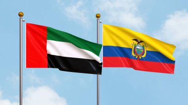 Arkaplanda Birleşik Arap Emirlikleri ve Ekvator bayrakları sallıyordu. Uluslararası Diplomasi, Dostluk ve Gökyüzüne Karşı Yükselen Bayraklarla Ortaklık. 3B illüstrasyon