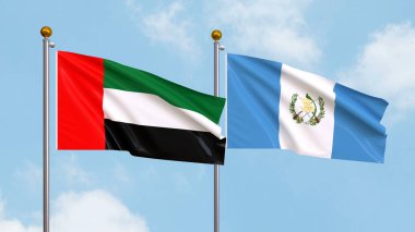 Gökyüzünde Birleşik Arap Emirlikleri ve Guatemala bayrakları sallıyordu. Uluslararası Diplomasi, Dostluk ve Gökyüzüne Karşı Yükselen Bayraklarla Ortaklık. 3B illüstrasyon