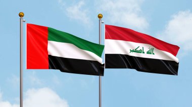 Arka planda Birleşik Arap Emirlikleri ve Irak bayrakları sallıyordu. Uluslararası Diplomasi, Dostluk ve Gökyüzüne Karşı Yükselen Bayraklarla Ortaklık. 3B illüstrasyon