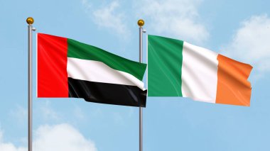 Gökyüzünde Birleşik Arap Emirlikleri ve İrlanda bayrakları sallıyordu. Uluslararası Diplomasi, Dostluk ve Gökyüzüne Karşı Yükselen Bayraklarla Ortaklık. 3B illüstrasyon