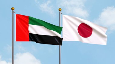 Arka planda Birleşik Arap Emirlikleri ve Japonya bayrakları sallıyordu. Uluslararası Diplomasi, Dostluk ve Gökyüzüne Karşı Yükselen Bayraklarla Ortaklık. 3B illüstrasyon