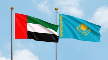 Gökyüzünde Birleşik Arap Emirlikleri ve Kazakistan bayrakları sallıyordu. Uluslararası Diplomasi, Dostluk ve Gökyüzüne Karşı Yükselen Bayraklarla Ortaklık. 3B illüstrasyon