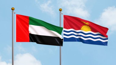 Gökyüzünde Birleşik Arap Emirlikleri ve Kiribati bayrakları sallıyordu. Uluslararası Diplomasi, Dostluk ve Gökyüzüne Karşı Yükselen Bayraklarla Ortaklık. 3B illüstrasyon