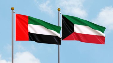 Gökyüzünde Birleşik Arap Emirlikleri ve Kuveyt bayrakları sallıyordu. Uluslararası Diplomasi, Dostluk ve Gökyüzüne Karşı Yükselen Bayraklarla Ortaklık. 3B illüstrasyon