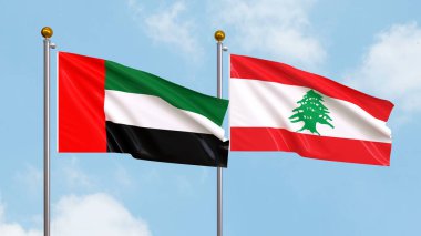 Gökyüzü arka planında Birleşik Arap Emirlikleri ve Lübnan bayrakları sallıyordu. Uluslararası Diplomasi, Dostluk ve Gökyüzüne Karşı Yükselen Bayraklarla Ortaklık. 3B illüstrasyon