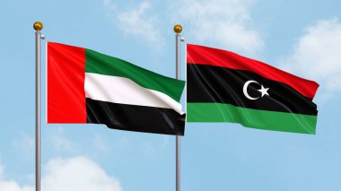 Gökyüzünde Birleşik Arap Emirlikleri ve Libya bayrakları sallıyordu. Uluslararası Diplomasi, Dostluk ve Gökyüzüne Karşı Yükselen Bayraklarla Ortaklık. 3B illüstrasyon