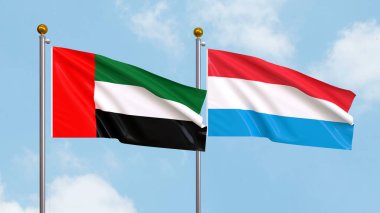 Gökyüzünde Birleşik Arap Emirlikleri ve Lüksemburg bayrakları sallıyordu. Uluslararası Diplomasi, Dostluk ve Gökyüzüne Karşı Yükselen Bayraklarla Ortaklık. 3B illüstrasyon