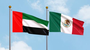 Arka planda Birleşik Arap Emirlikleri ve Meksika bayrakları sallıyordu. Uluslararası Diplomasi, Dostluk ve Gökyüzüne Karşı Yükselen Bayraklarla Ortaklık. 3B illüstrasyon