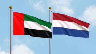 Gökyüzü arka planında Birleşik Arap Emirlikleri ve Hollanda bayrakları sallıyordu. Uluslararası Diplomasi, Dostluk ve Gökyüzüne Karşı Yükselen Bayraklarla Ortaklık. 3B illüstrasyon