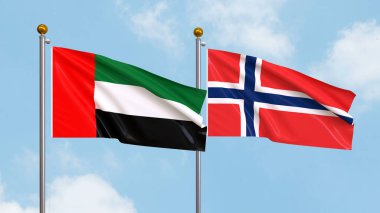 Gökyüzünde Birleşik Arap Emirlikleri ve Norveç bayrakları sallıyordu. Uluslararası Diplomasi, Dostluk ve Gökyüzüne Karşı Yükselen Bayraklarla Ortaklık. 3B illüstrasyon